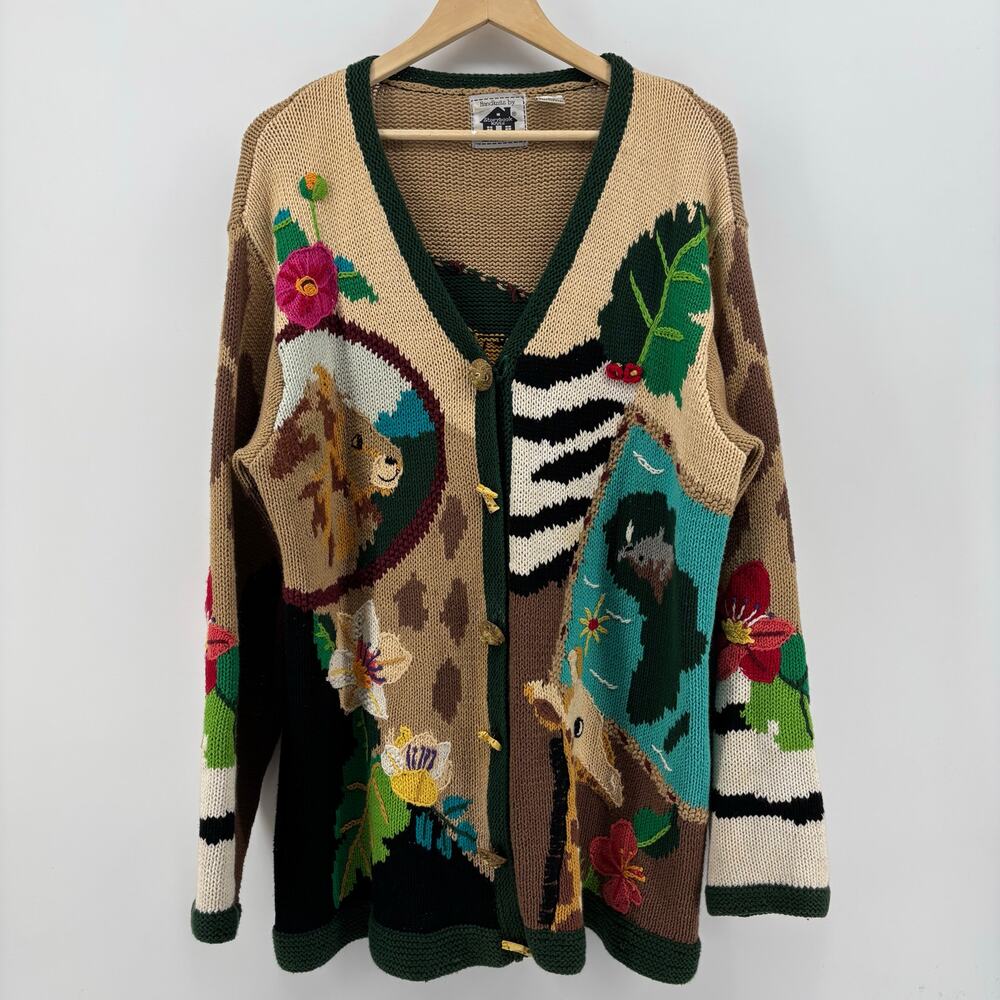 Storybook Knits Cardigan Large Safari Zoo Giraffe Lion Zebra Leopard Artsy